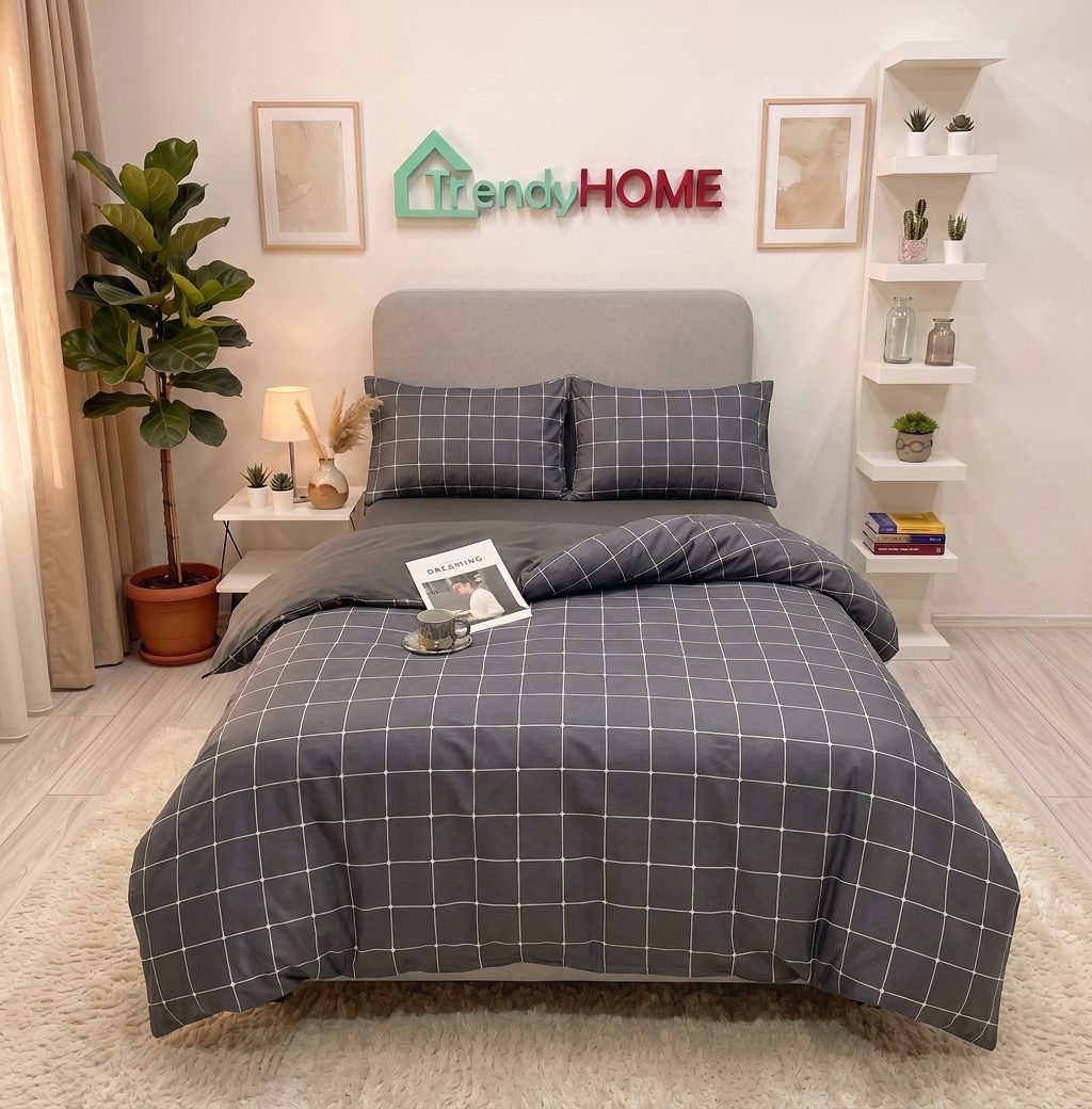 Lenjerie pat single 1 Persoana, 4 PIESE, Bumbac Finet, Patratele, Gri, Y60-58 — fotografie reală, acasă