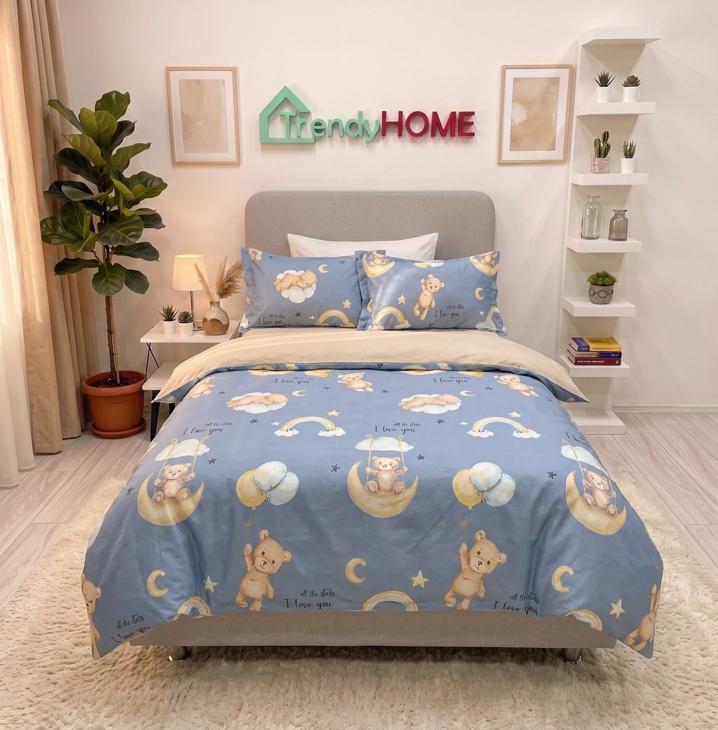 Lenjerie pat single 1 Persoana, 4 PIESE, Bumbac Finet, Ursulet, Albastru/Crem, Y60-138 — fotografie reală, acasă