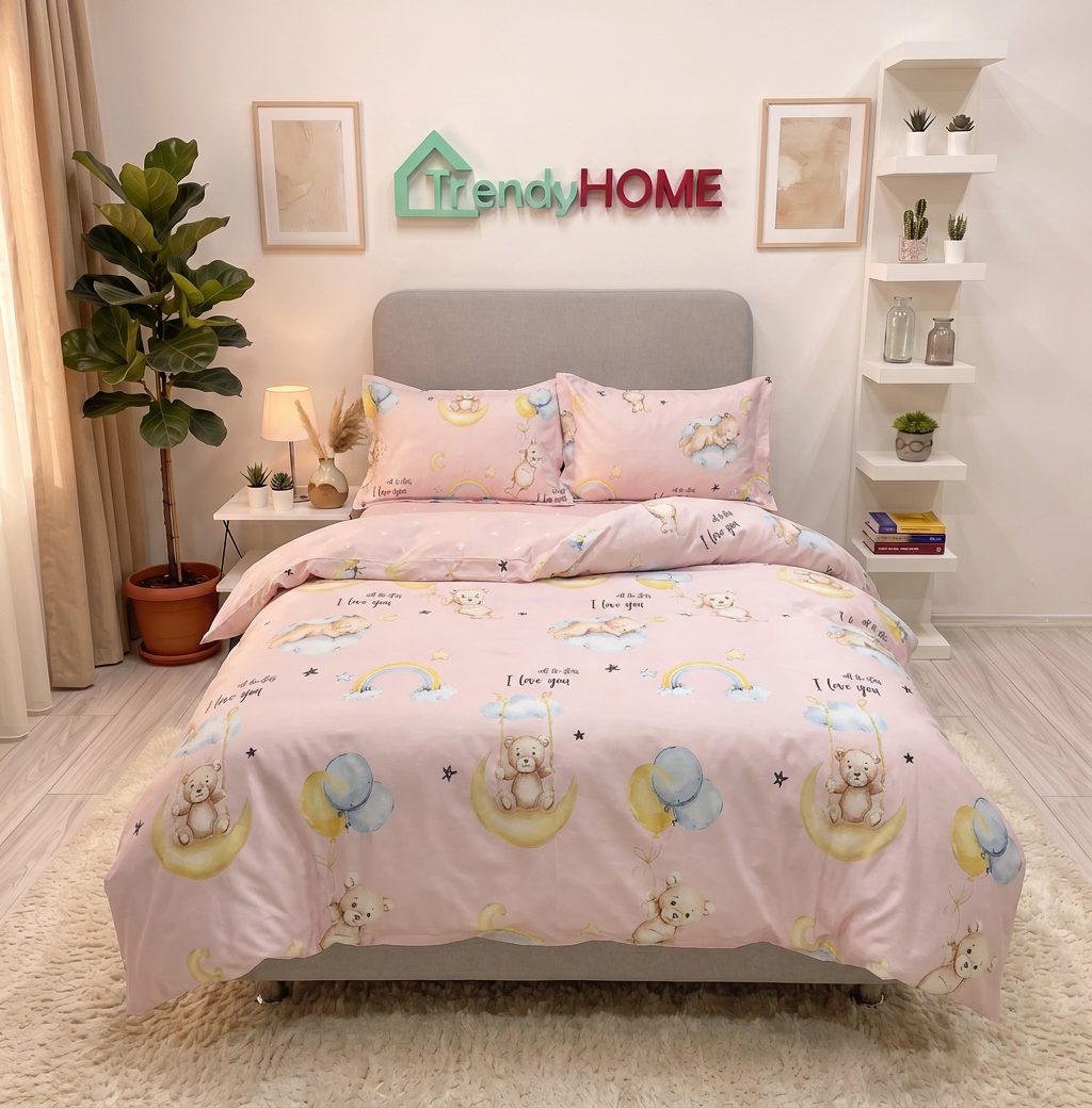 Lenjerie pat single 1 Persoana, 4 PIESE, Bumbac Finet, Ursulet, Roz, Y60-140 — fotografie reală, acasă