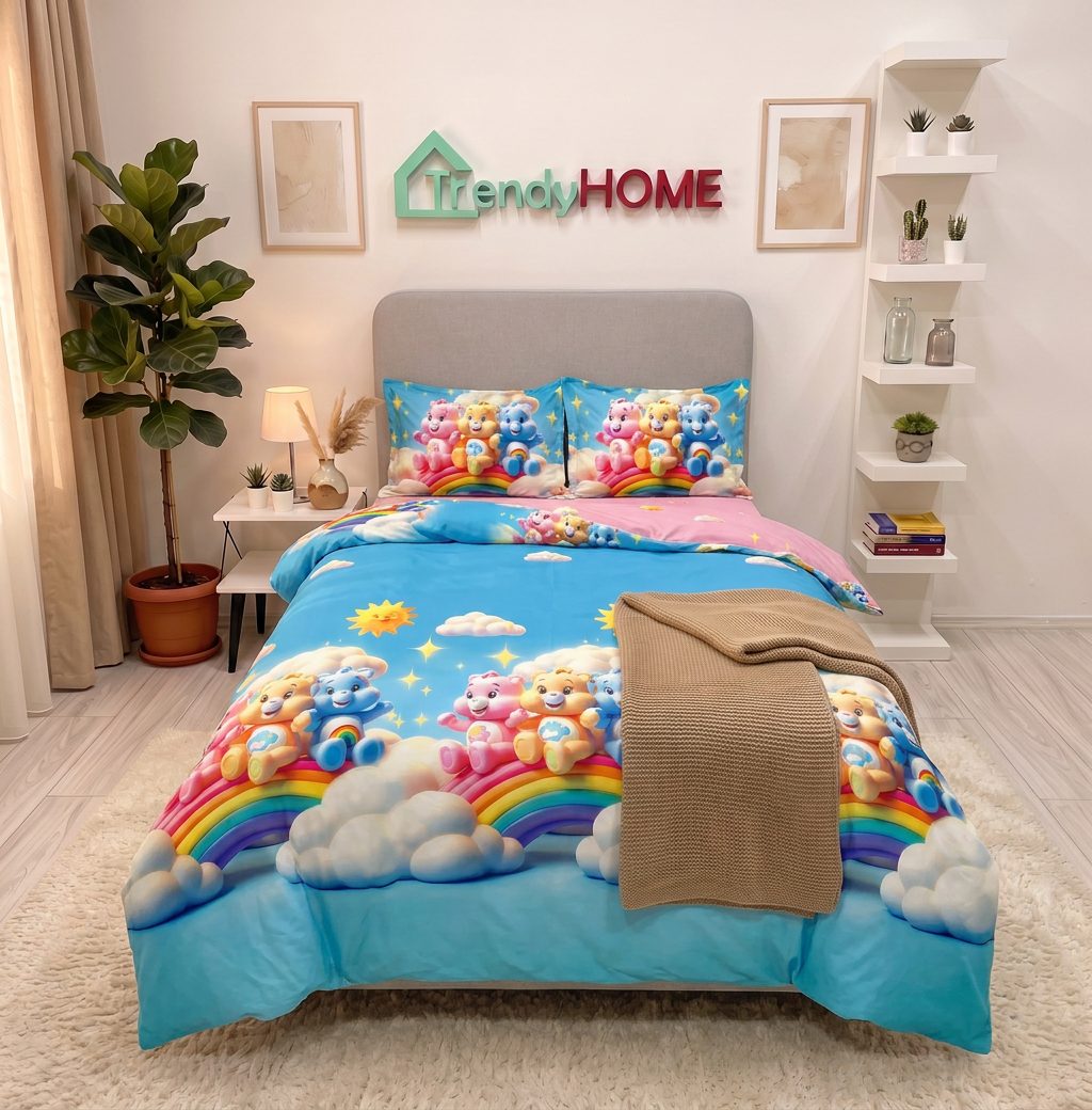 Lenjerie pat single 1 Persoana, 4 PIESE, Bumbac Finet, Ursuleti, Multicolor, Y60-123 — fotografie reală, acasă