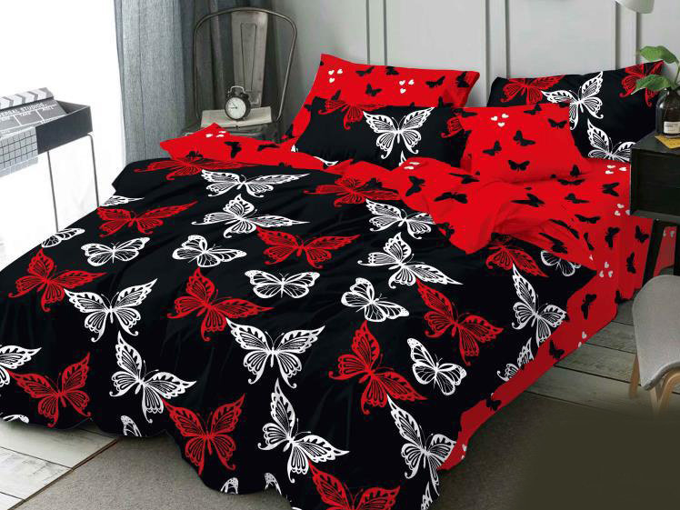 Scrutiny Fumble Whichever Lenjerie de pat dublu din bumbac finet de calitate superioara negru cu  fluturi rosii si albi | TrendyHOME