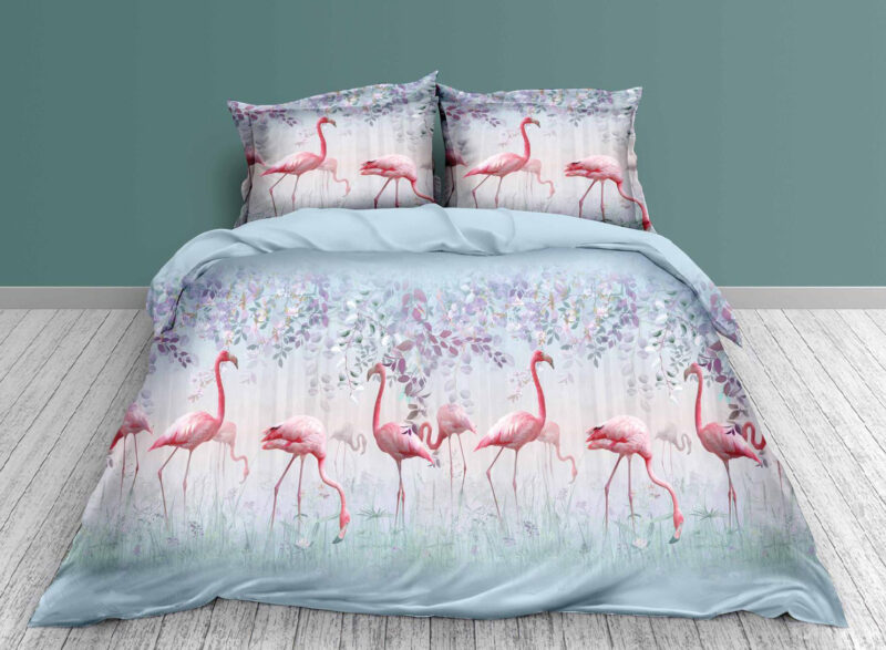 Lenjerie pat, 2 Persoane, 3D, 4 Piese, Flamingo Bleu, BR2662