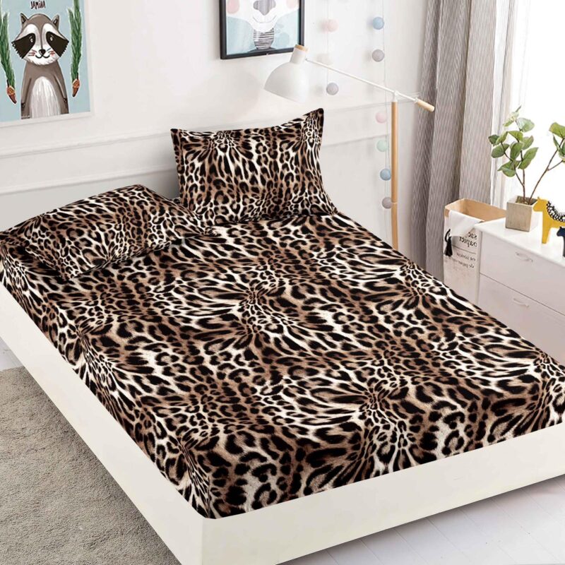 Husa Pat dublu cu Elastic, Bumbac Finet, Animal Print, Maro, J14727