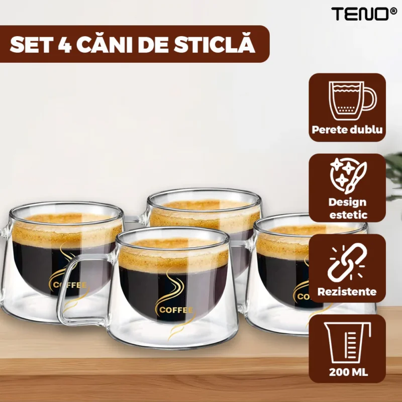 Set 4 Cani de Sticla cu Perete Dublu, model COFFEE, Termorezistente, Capacitate 200 ml, TN1001