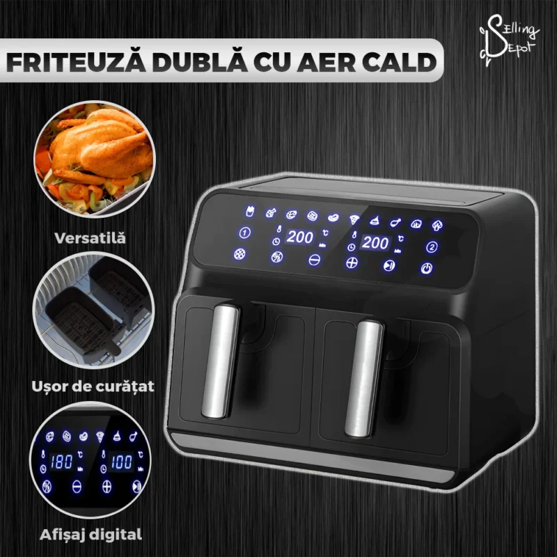 Friteuza Dubla Fara Ulei Air Fryer, 100 Tavi de Copt Cadou, Tehnologie Smart Sensing, Afisaj Digital, Capacitate 8 L, TENO855