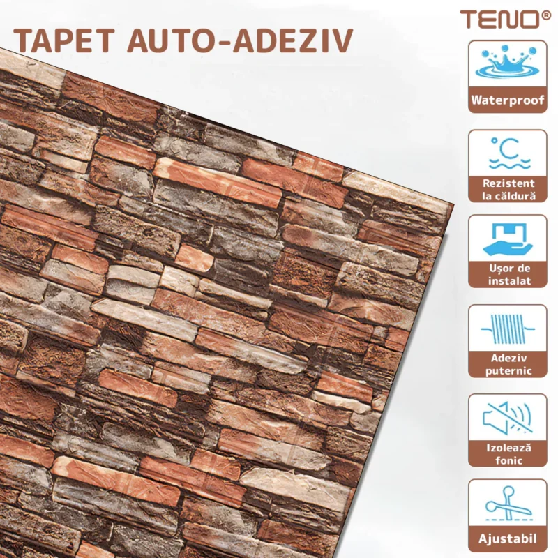 Set Tapet Caramida 3D, Model Piatra Naturala, Autoadeziv, Waterproof, Usor De Montat, 70x77 Cm, Maro Rosu, TENO1089