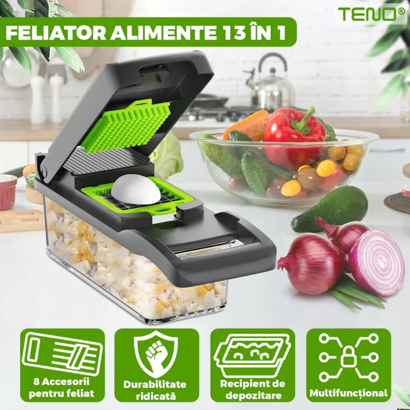 Feliator de Legume 13 in 1, Multifunctional, Cccesorii Pentru Tocat, Lame de Inox, 28 x 13 cm, Verde, TENO752