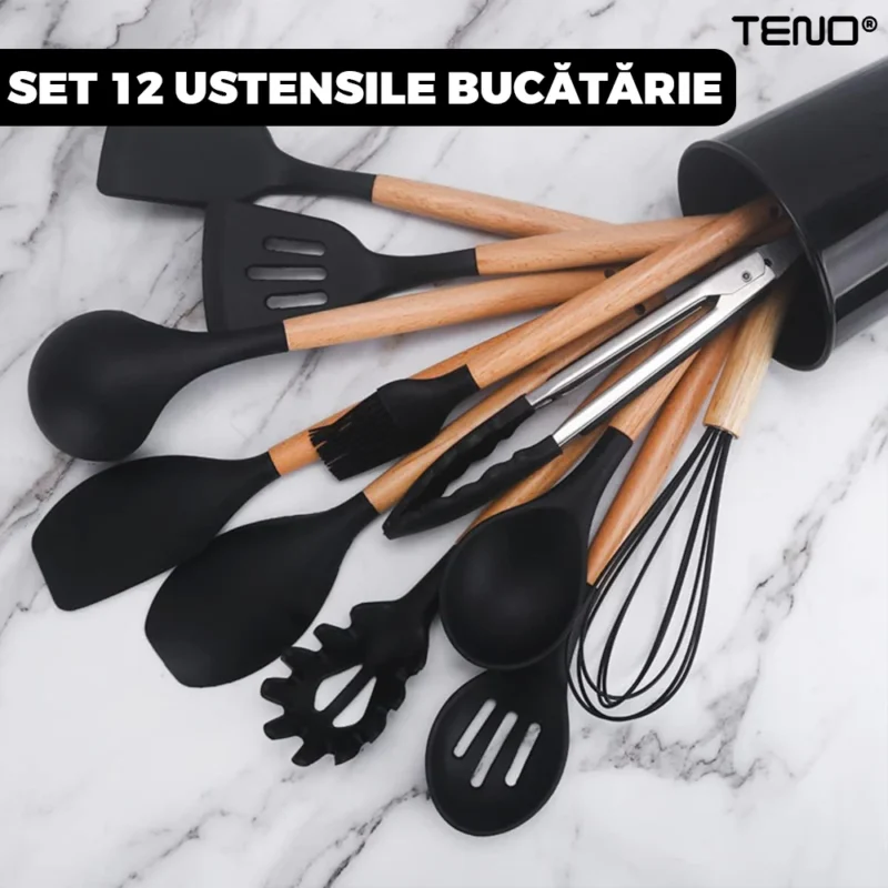 Set Ustensile Bucatarie 12 Piese Silicon Alimentar, Termorezistente, Antiaderente, Suport inox, Negru, TENO622