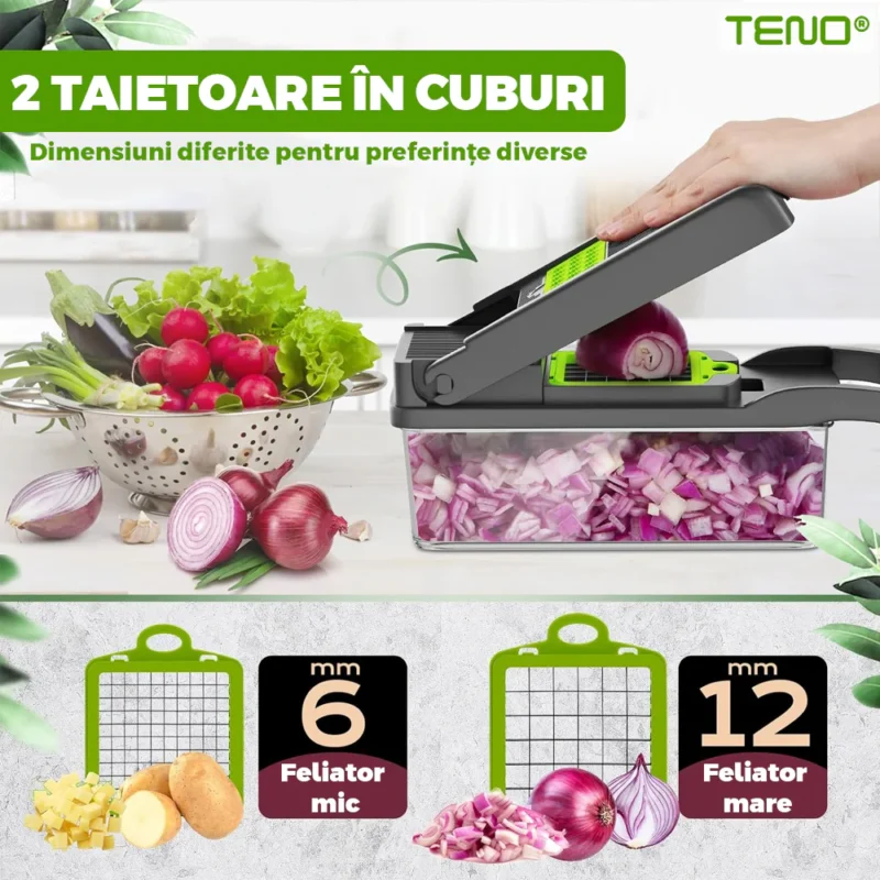 Feliator de Legume 13 in 1, Multifunctional, Cccesorii Pentru Tocat, Lame de Inox, 28 x 13 cm, Verde, TENO752