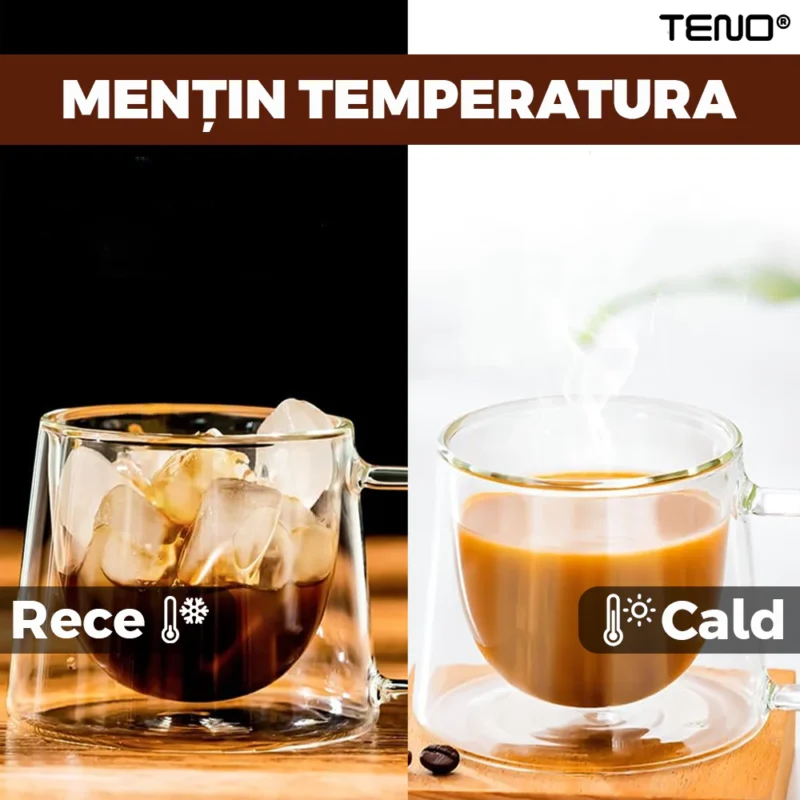 Set 4 Cani de Sticla cu Perete Dublu, model COFFEE, Termorezistente, Capacitate 200 ml, TN1001