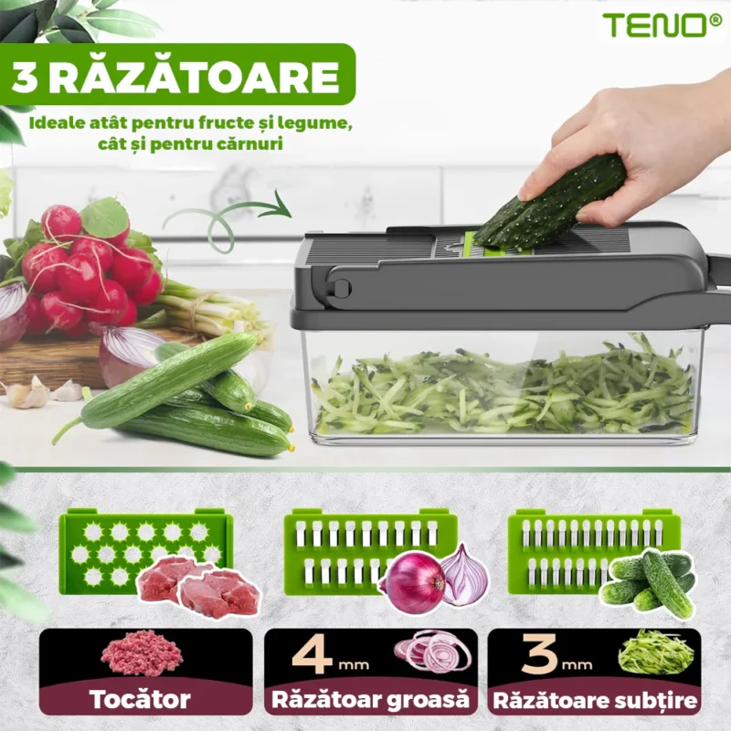 Feliator de Legume 13 in 1, Multifunctional, Cccesorii Pentru Tocat, Lame de Inox, 28 x 13 cm, Verde, TENO752