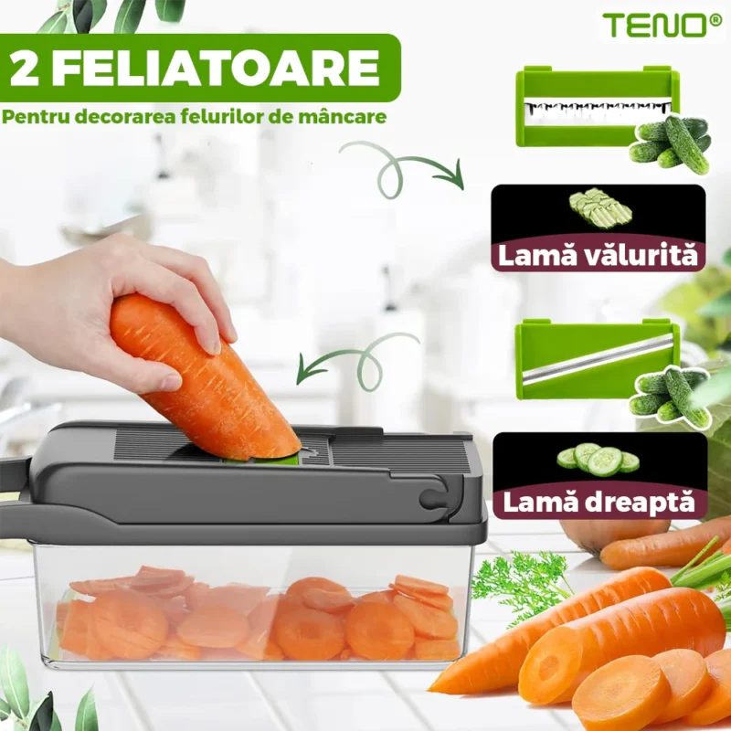 Feliator de Legume 13 in 1, Multifunctional, Cccesorii Pentru Tocat, Lame de Inox, 28 x 13 cm, Verde, TENO752