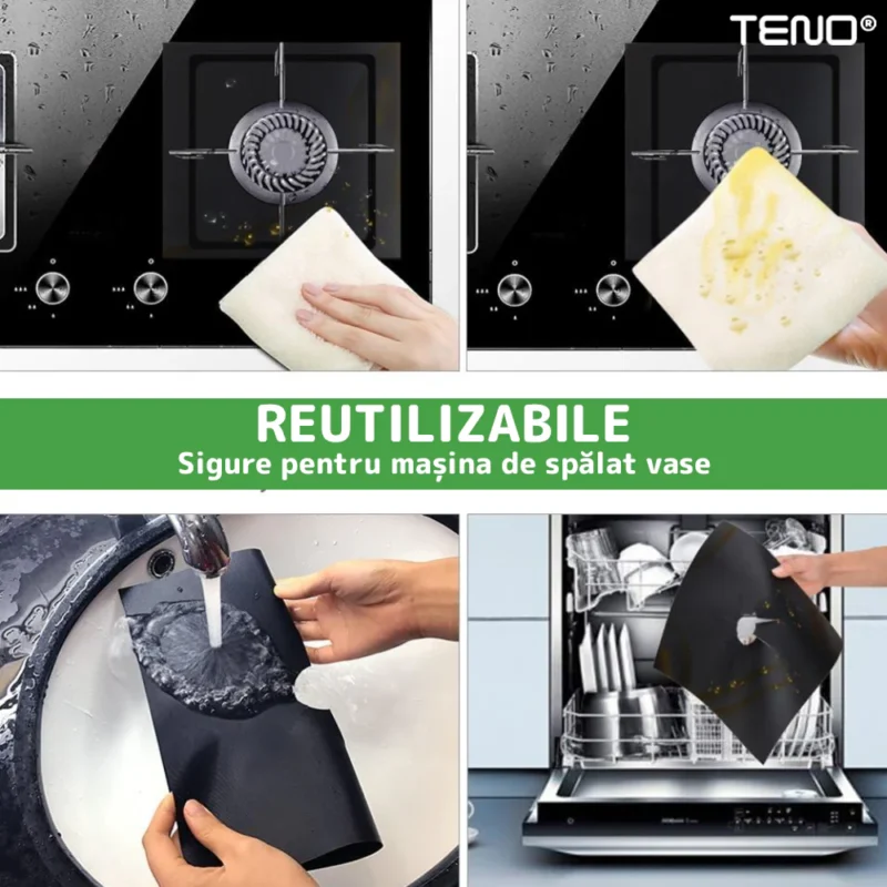 Set 4 Folii Protectie Teflon, Pentru Aragaz sau Plita, Detasabile, Ajustabile, Usor de Curatat, Anti-Aderente, TN1003