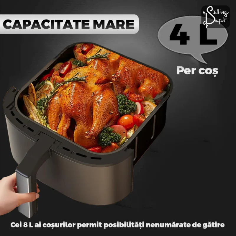 Friteuza Dubla Fara Ulei Air Fryer, 100 Tavi de Copt Cadou, Tehnologie Smart Sensing, Afisaj Digital, Capacitate 8 L, TENO855