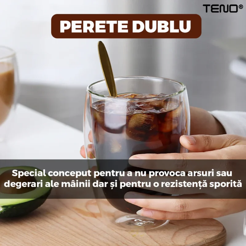 Set 6 Pahare din Sticla cu Perete Dublu, Termorezistente, Design Modern, Capacitate 250 ml, 9 x 8 cm, TENO1000