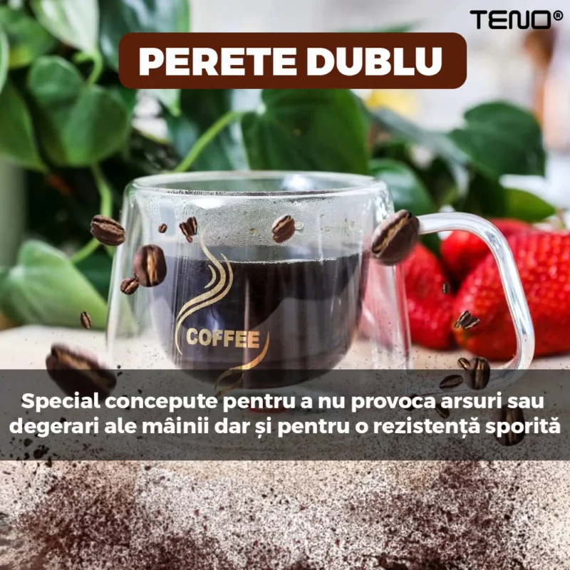 Set 4 Cani de Sticla cu Perete Dublu, model COFFEE, Termorezistente, Capacitate 200 ml, TN1001