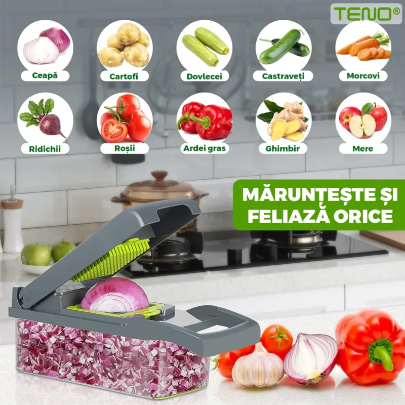 Feliator de Legume 13 in 1, Multifunctional, Cccesorii Pentru Tocat, Lame de Inox, 28 x 13 cm, Verde, TENO752