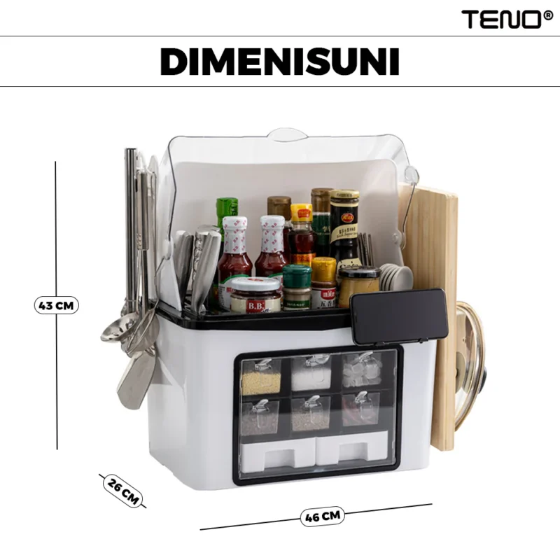 Organizator Multifunctional Pentru Bucatarie, Suport Sticle, Rafturi Pentru Condimente, , 46 x 26 x 43 cm, Alb, TENO483