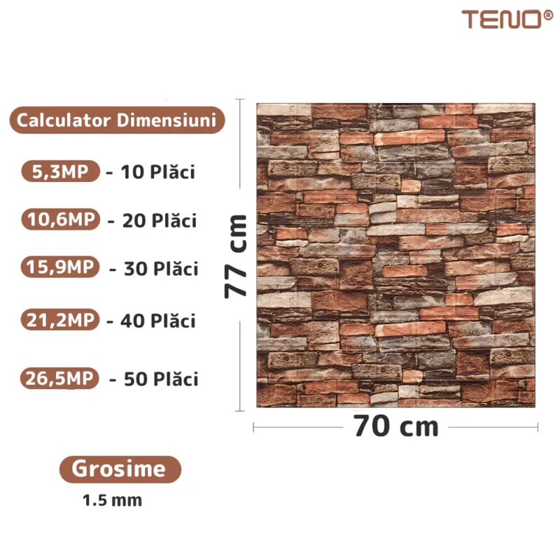 Set Tapet Caramida 3D, Model Piatra Naturala, Autoadeziv, Waterproof, Usor De Montat, 70x77 Cm, Maro Rosu, TENO1089