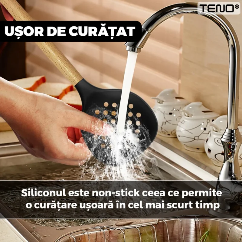 Set Ustensile Bucatarie 12 Piese Silicon Alimentar, Termorezistente, Antiaderente, Suport inox, Negru, TENO622