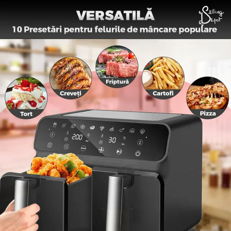 Friteuza Dubla Fara Ulei Air Fryer, 100 Tavi de Copt Cadou, Tehnologie Smart Sensing, Afisaj Digital, Capacitate 8 L, TENO855