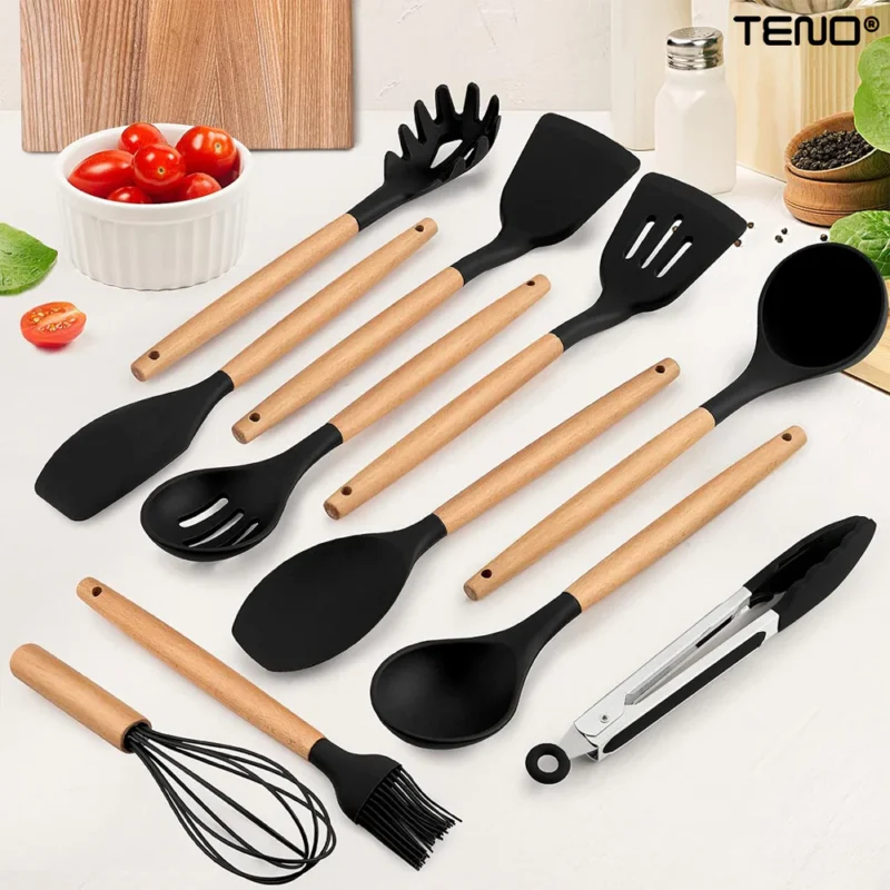 Set Ustensile Bucatarie 12 Piese Silicon Alimentar, Termorezistente, Antiaderente, Suport inox, Negru, TENO622