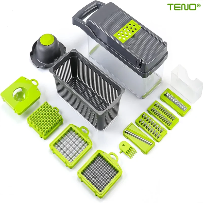 Feliator de Legume 13 in 1, Multifunctional, Cccesorii Pentru Tocat, Lame de Inox, 28 x 13 cm, Verde, TENO752