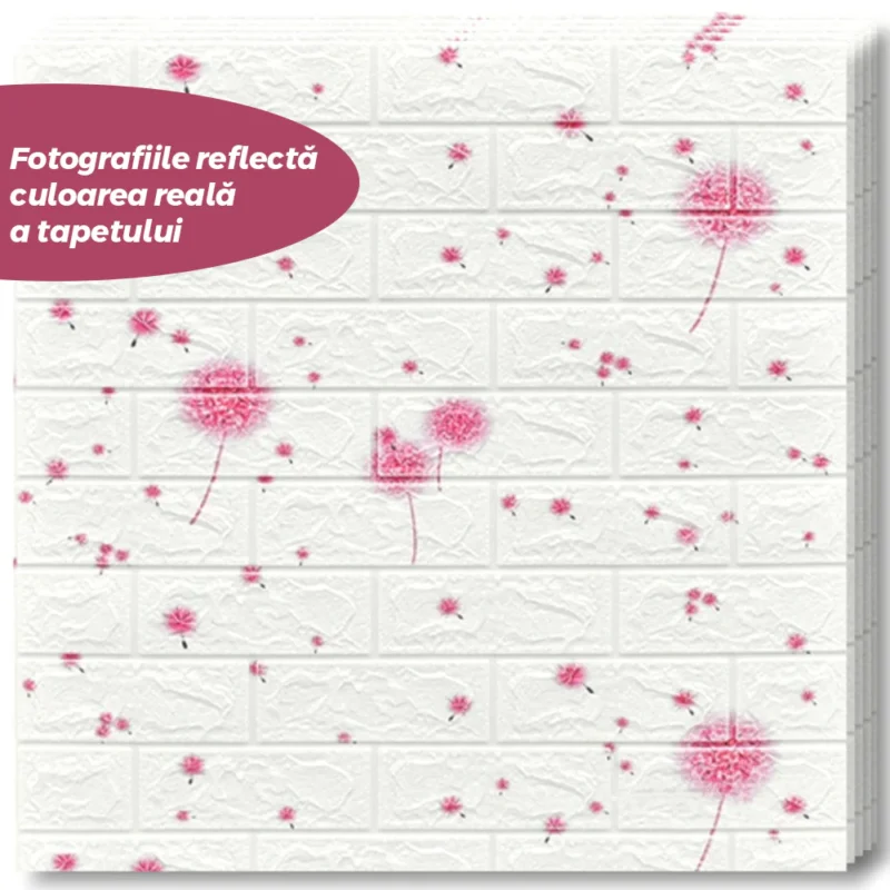 Set Tapet Caramida 3D, Model Flori, Autoadeziv, Waterproof, Usor De Montat, Design Modern, 70x77 Cm, Alb, TENO74
