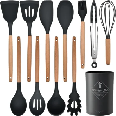 Set Ustensile Bucatarie 12 Piese Silicon Alimentar, Termorezistente, Antiaderente, Suport inox, Negru, TENO622