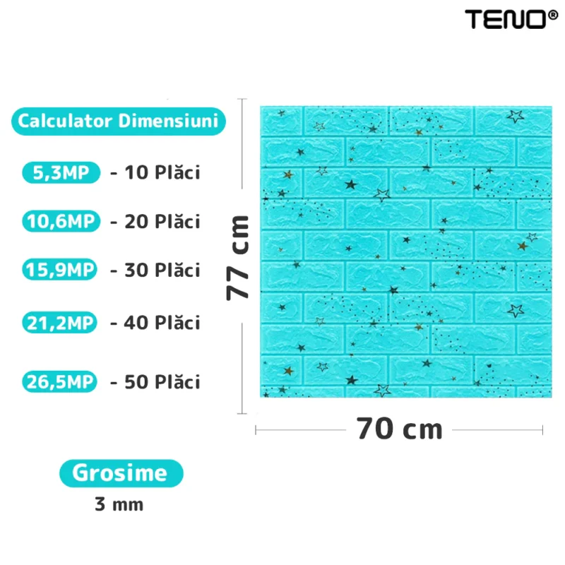 Set Tapet Caramida 3D, Model Stelute, Autoadeziv, Waterproof, Usor De Montat, Design Modern, 70x77 Cm, Albastru, TENO71