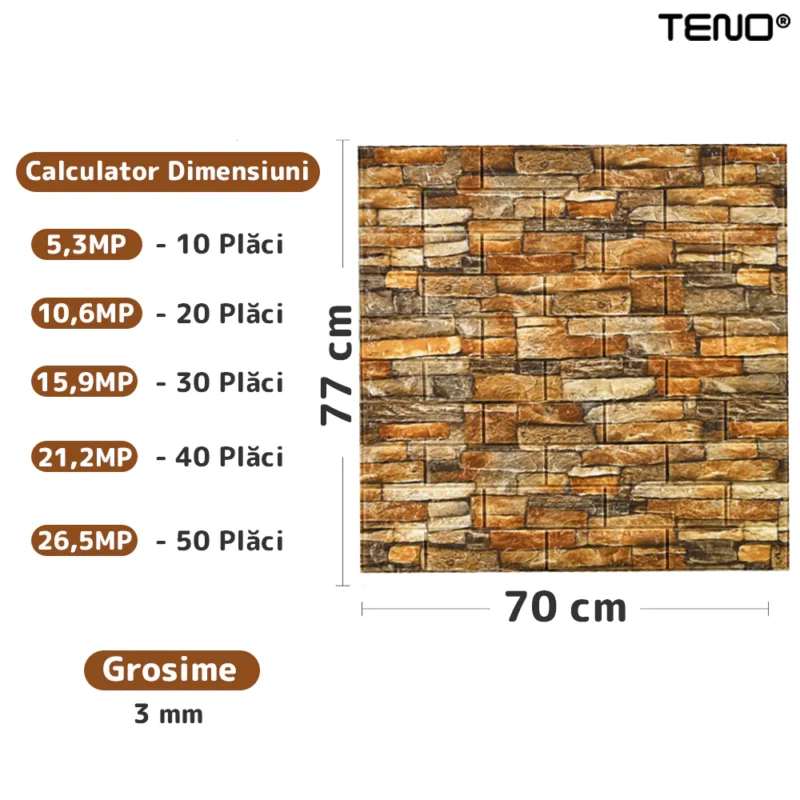 Set Tapet Caramida 3D, Model Piatra Naturala, Suprafata Acoperire 5.3 Mp, Autoadeziv, Waterproof, Design Modern, 70x77 Cm, Maro, TENO84