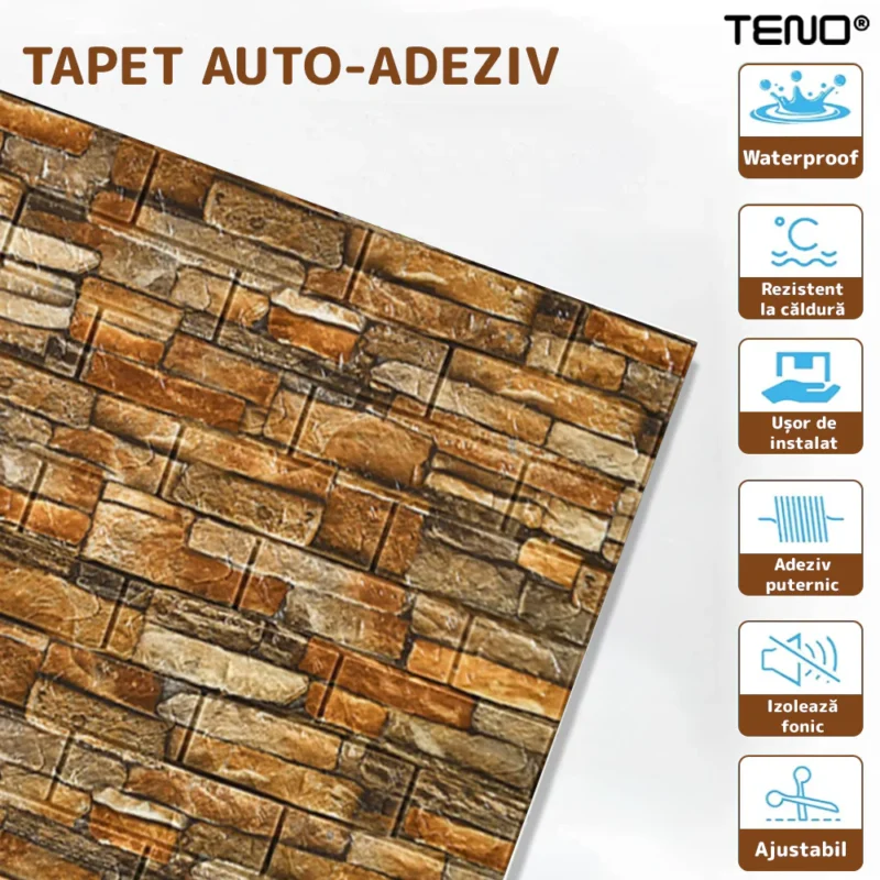 Set Tapet Caramida 3D, Model Piatra Naturala, Suprafata Acoperire 5.3 Mp, Autoadeziv, Waterproof, Design Modern, 70x77 Cm, Maro, TENO84