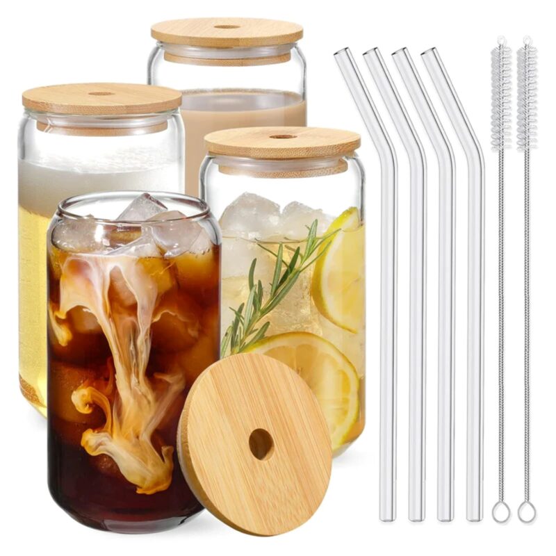 Set 4 Pahare de Sticla Borosilicata, Capac Din Bambus si Pai, Perie Pentru Curatare, Termorezistente, 500 ml, 15 cm, TENO1005