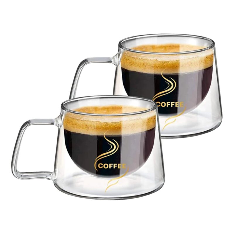 Set 2 Cani de Sticla cu Perete Dublu, Model COFFEE, Design Modern, Termorezistente, 200 ml, 12x8 cm, TENO1003