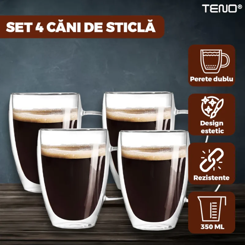 Set 4 Cani de Sticla cu Perete Dublu, Model Rotund, Termorezistente, Capacitate 350 ml, 12 x 9 cm, TENO859