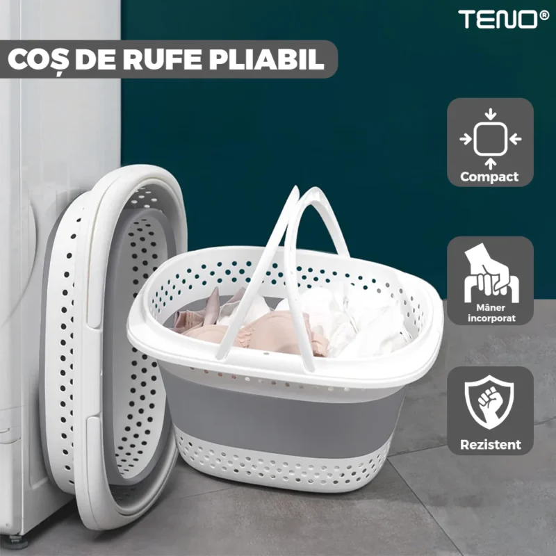 Cos De Rufe Pliabil Mic Cu Manere, Organizare Si Depozitare, Multifunctional, Compact, 30 Litri, 42 X 32 X 28 Cm, Gri, TENO943