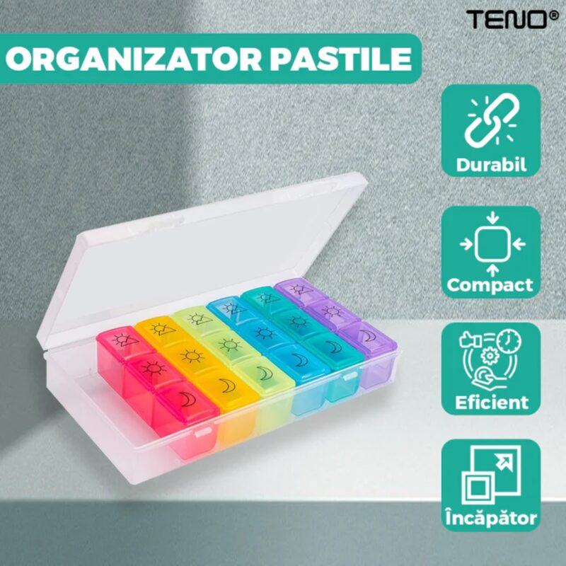 Cutie Organizatoare de Medicamente, Recipiente Detasabile cu 3 Compartimente, 20 x 11 cm, Multicolor, TENO750