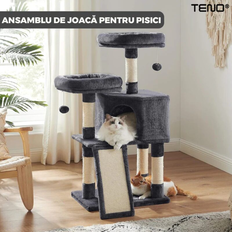 Ansamblu de Joaca Pentru Pisici cu 2 Platforme de Observatie, 3 Niveluri, Scara, Franghie si Mingiute, Stalpi Pentru Zgariat, 115 cm, TENO630