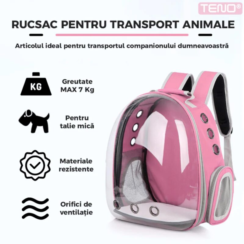 Rucsac Transport Animale, Greutate Max 7kg, Hublou Panoramic Transparent, Buzunar Lateral, 2 Iesiri, Talie Mica, TENO373