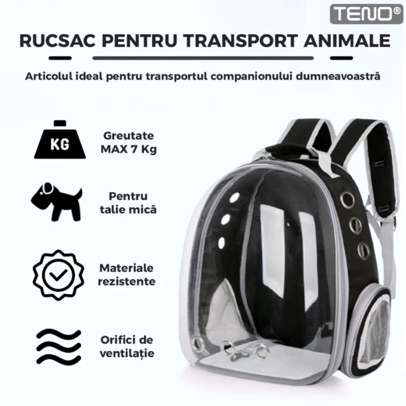 Rucsac Transport Animale, Greutate Max 7kg, Hublou Panoramic Transparent, Buzunar Lateral, 2 Iesiri, Talie Mica, TENO372