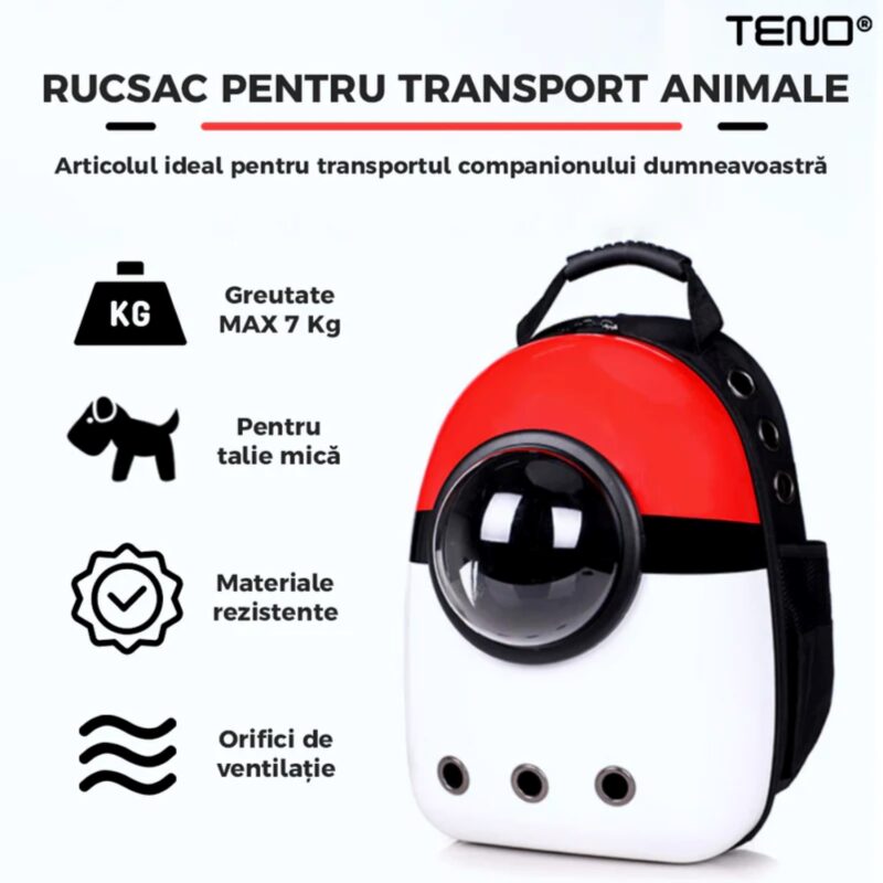 Rucsac Transport Animale, Greutate Max 7kg, Hublou Transparent, Buzunar Lateral, Accesorii Incluse, Talie Mica, Model Pokemon, TENO46