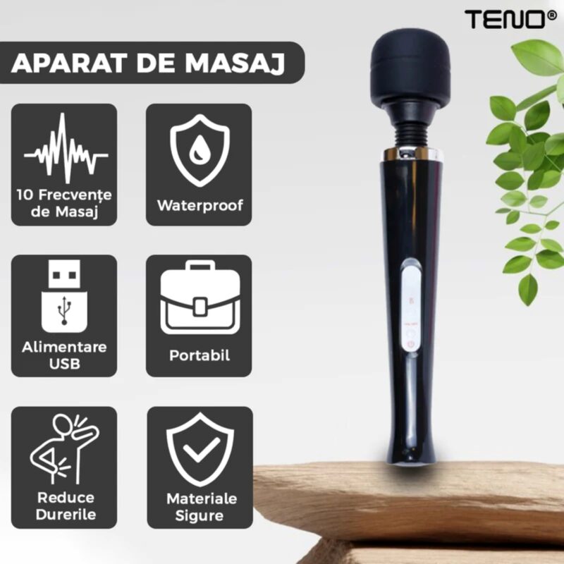 Aparat de Masaj cu 10 Frecvente de Vibratii, Pentru Dureri Musculare, Rezistent la Apa, USB, Negru, TENO224