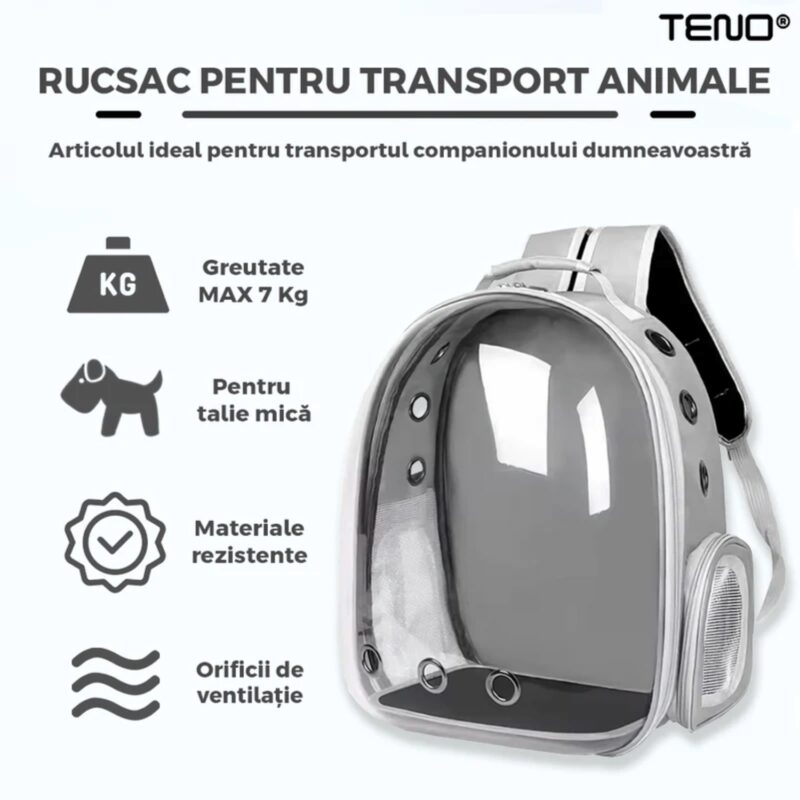 Rucsac Transport Animale, Greutate Max 7kg, Hublou Panoramic Transparent, Buzunar Lateral, 2 Iesiri, Talie Mica, Gri, TENO1099