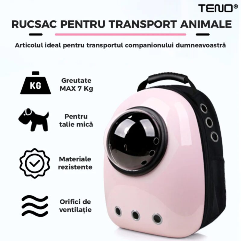 Rucsac Transport Animale, Greutate Max 7kg, Hublou Transparent, Buzunar Lateral, Accesorii Incluse, Talie Mica, Roz, TENO23