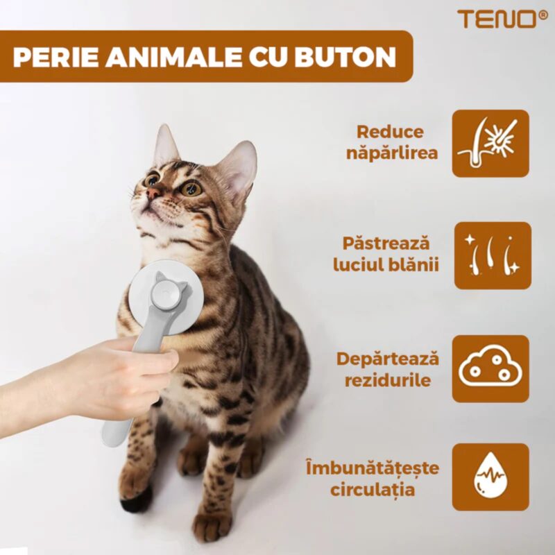 Perie Pentru Curatarea si Ingrijirea Animalelor, Buton Auto-Curatare, Descalcire si Prevenire Naparlire, Ingrijire si Tundere Blana, 18.5x7.5 cm, TENO1129