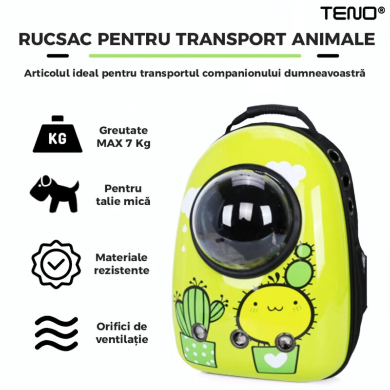 Rucsac Transport Animale, Greutate Max 7kg, Hublou Transparent, Buzunar Lateral, Accesorii Incluse, Talie Mica, Model Cactus, TENO27