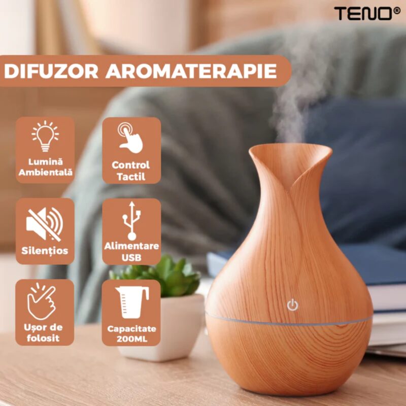 Difuzor Aromaterapie, Umidificator Silentios, Control Tactil, Lumini Ambientale, 200ml, Stejar Deschis, TENO219