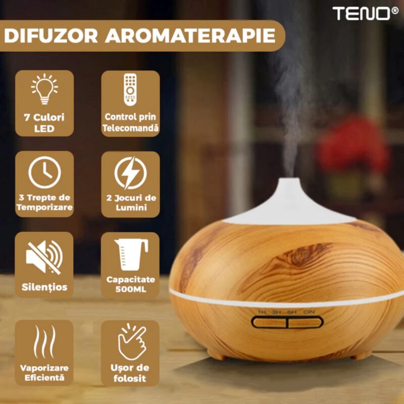 Difuzor Aromaterapie, Umidificator Silentios, 7 Culori LED, 2 Jocuri de Lumini, Control Prin Telecomanda, 500ml, TENO324