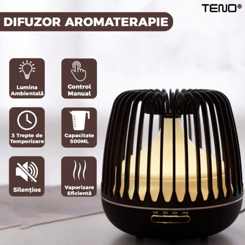 Difuzor Aromaterapie, Umidificator Silentios cu Lumini Ambientale, Control Manual, 3 Trepte de Temporizare, 500ml, Stejar Inchis, TENO222