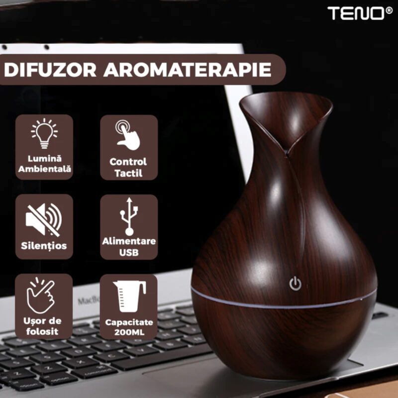 Difuzor Aromaterapie, Umidificator Silentios cu Lumini Ambientale, Control Tactil, Alimentare USB, Rezerva, Capacitate 200ml, TENO220